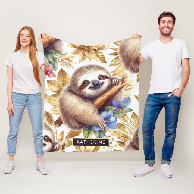Vintage Cute Sloth Mönster Fleecefilt (På plats)