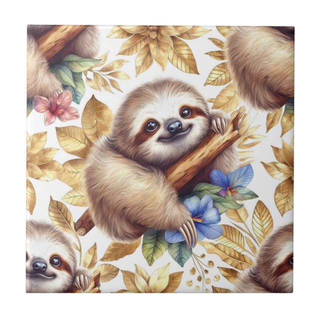 Vintage Cute Sloth Mönster Kakelplatta (Framsidan)