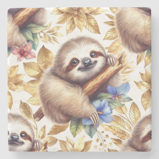 Vintage Cute Sloth Mönster Stenunderlägg (Framsidan)