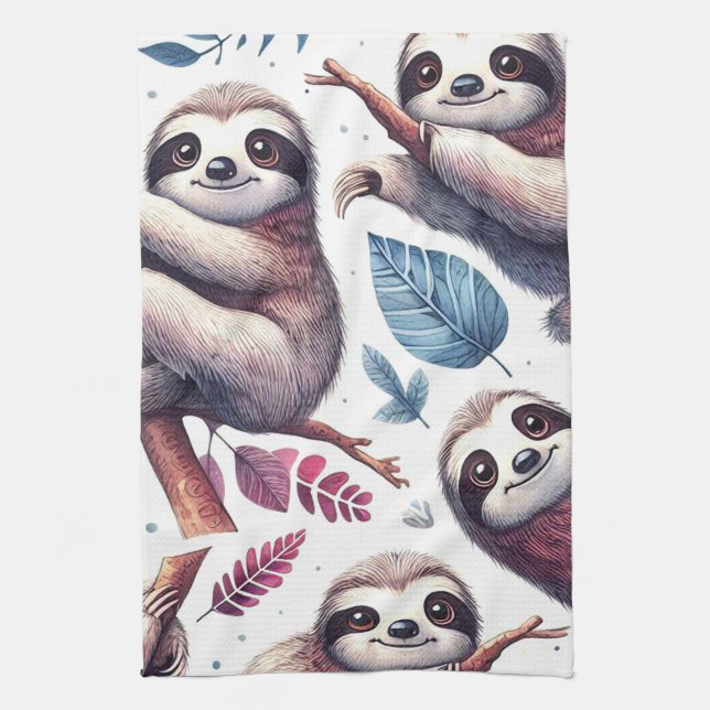 Vintage Cute Sloth, sömlös vattenfärg Kökshandduk (Vertikal)