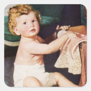 Vintage Cute Småbarn spelar med kläddyresser Fyrkantigt Klistermärke