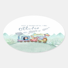 Vintage Cute Tåg Boy Birthday Watercolor-foto Ovalt Klistermärke