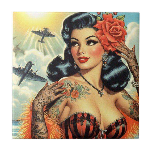 Vintage Cute Tattoo Girl Kakelplatta (Framsidan)