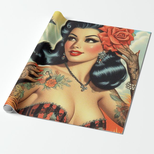 Vintage Cute Tattoo Girl Presentpapper (Utrullad)