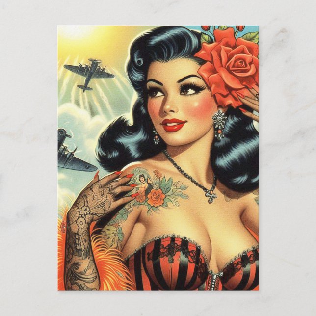 Vintage Cute Tattoo Girl Vykort (Framsida)
