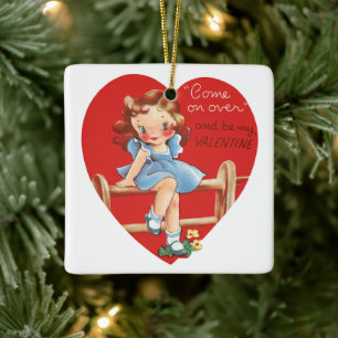 Vintage Cute Valentine Day, flicka på stängsel Julgransprydnad Keramik