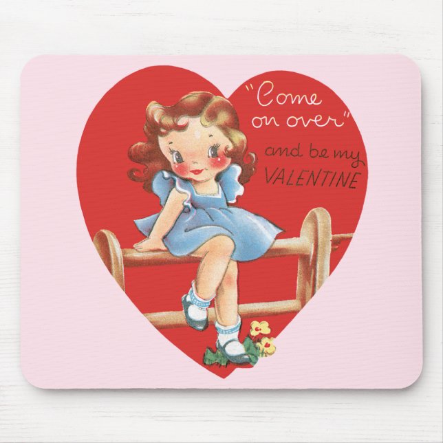 Vintage Cute Valentine Day, flicka på stängsel Musmatta (Framsidan)