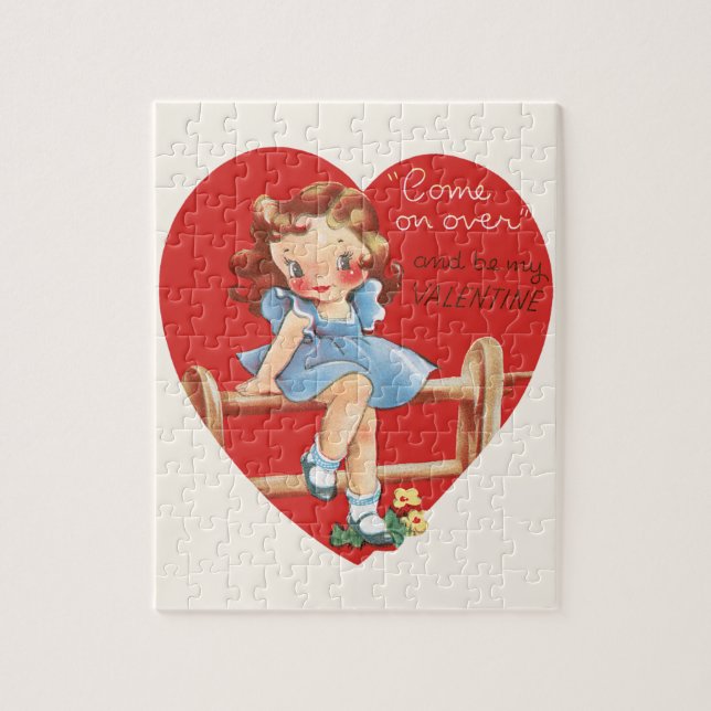 Vintage Cute Valentine Day, flicka på stängsel Pussel (Vertikal)