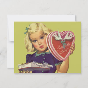 Vintage Cute Valentine Day, Girl with Chocolates Julkort