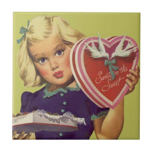Vintage Cute Valentine Day, Girl with Chocolates Kakelplatta (Framsidan)