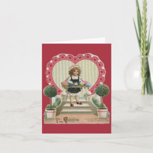 Vintage Cute Valentine Day, Girl with Flowers Helgkort