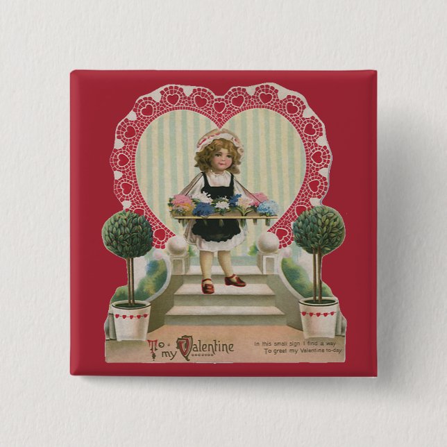 Vintage Cute Valentine Day, Girl with Flowers Knapp (Framsida)