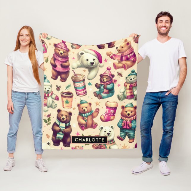 Vintage Cute Winter Nalle Mönster Fleecefilt (På plats)