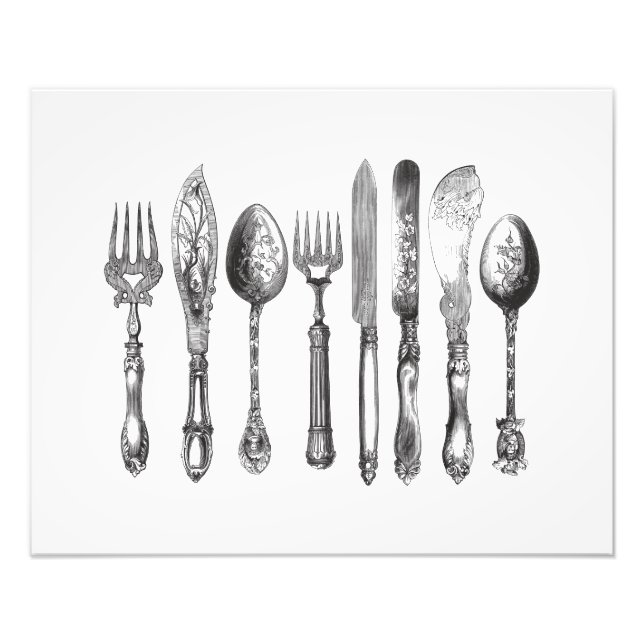 Vintage Cutlery Black White Fork Spoon Knivar 1800 Fototryck (Framsidan)