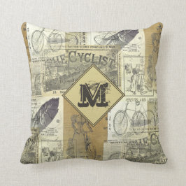 Vintage Cyclist och Cycle Ads Collage Monogram Kudde