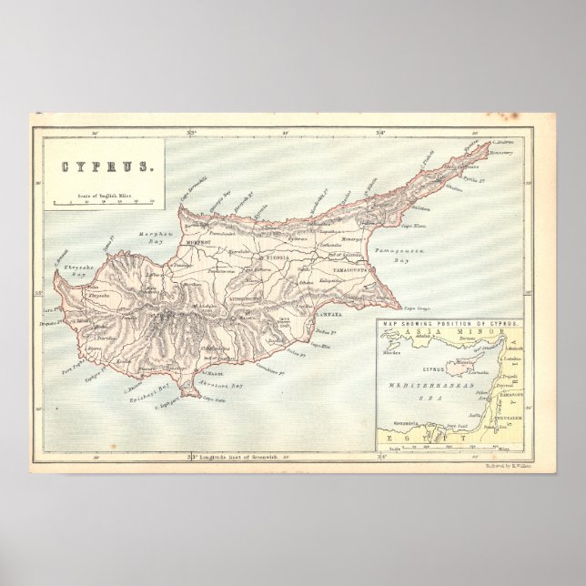 Vintage Cyprus Karta 1890 Skriv ut Poster (Framsidan)