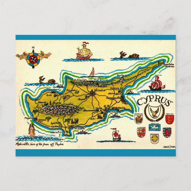 Vintage Cyprus Map Postcard Vykort (Framsida)