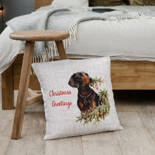 Vintage Dachshund Hund Rustic julhälsningar Kudde