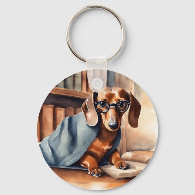 Vintage Dachshund i Bibliotek Nyckelring (Framsida)