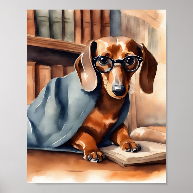 Vintage Dachshund i Bibliotek Poster (Framsidan)