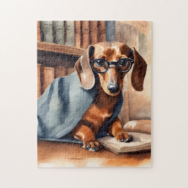 Vintage Dachshund i Bibliotek Pussel (Vertikal)