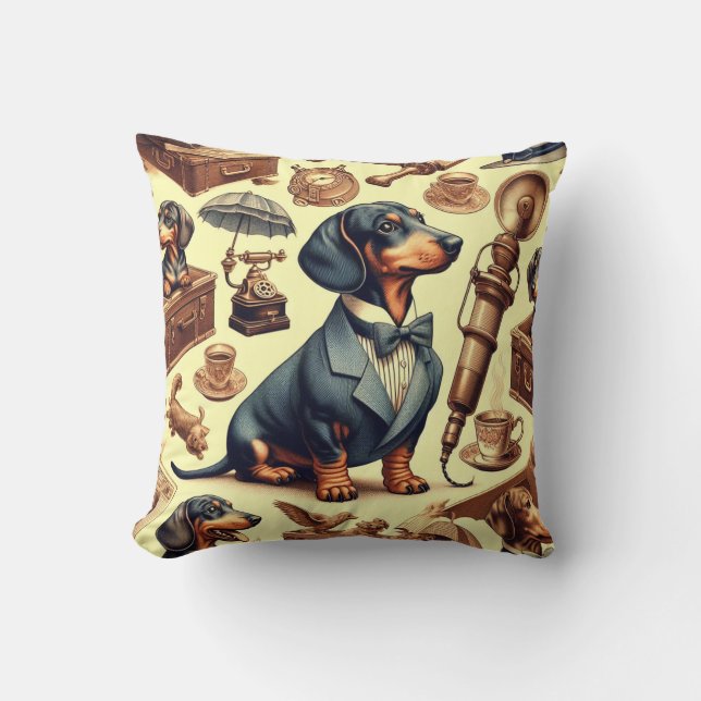 Vintage Dachshund Illustration Kudde (Framsida)
