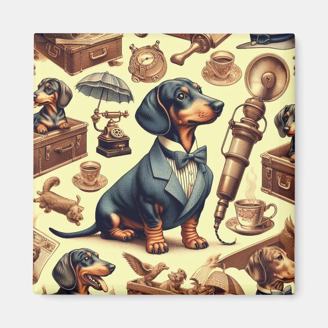 Vintage Dachshund Illustration Magnet (Framsidan)