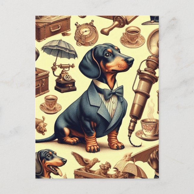 Vintage Dachshund Illustration Vykort (Framsida)