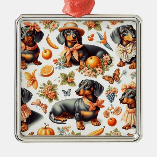 Vintage Dachshund Seamless Julgransprydnad Metall (Framsidan)