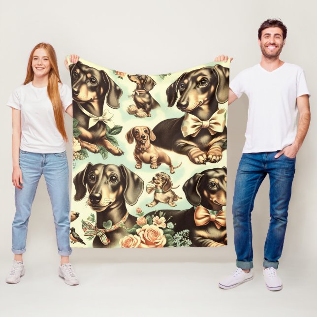Vintage Dachshund Sömlös målning Fleecefilt (På plats)