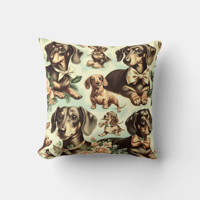 Vintage Dachshund Sömlös målning Kudde (Framsida)