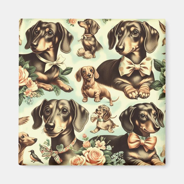 Vintage Dachshund Sömlös målning Magnet (Framsidan)