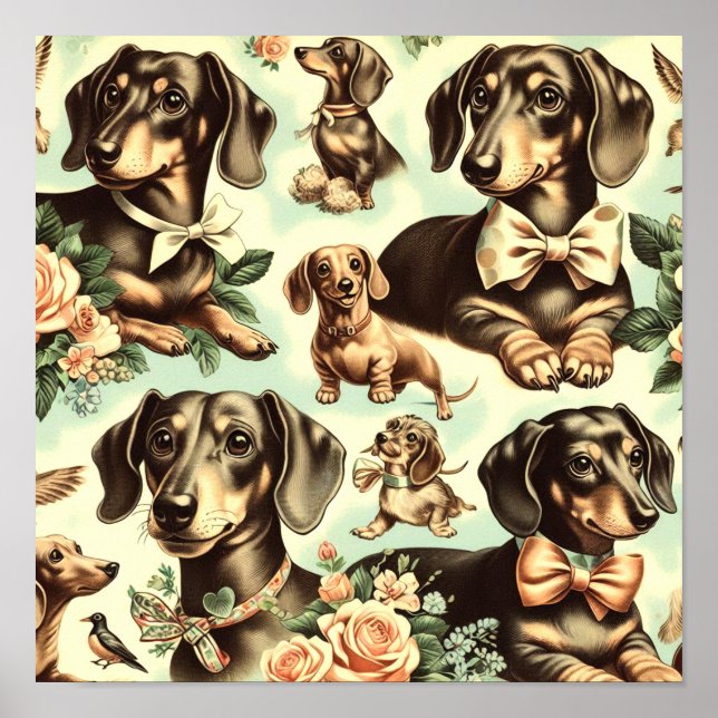 Vintage Dachshund Sömlös målning Poster (Framsidan)