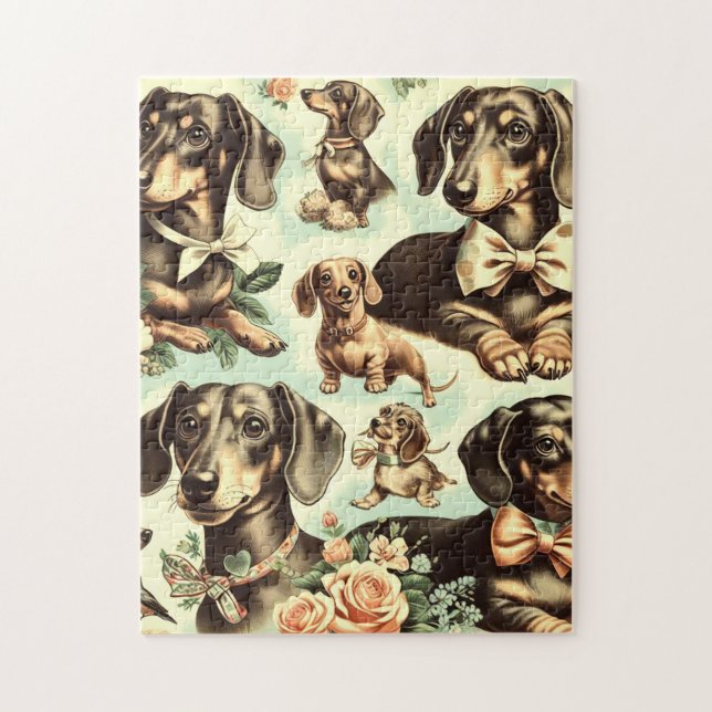 Vintage Dachshund Sömlös målning Pussel (Vertikal)