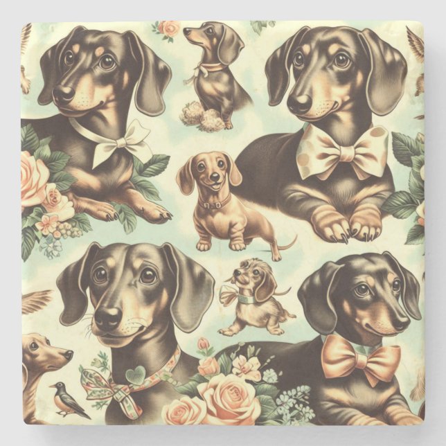 Vintage Dachshund Sömlös målning Stenunderlägg (Framsidan)