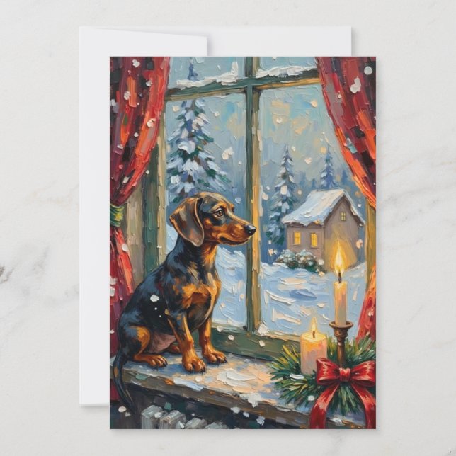 Vintage Dachshund vid mysigt julfönster Julkort (Framsida)