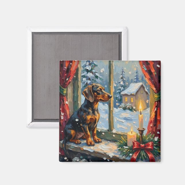 Vintage Dachshund vid mysigt julfönster Magnet (Front/Back)