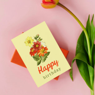 Vintage Dahlia Blommigt Gult Orange Birthday Vykort