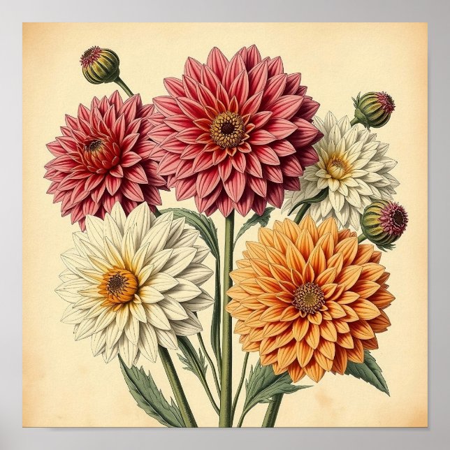 Vintage Dahlias på väderbitet papper Poster (Framsidan)