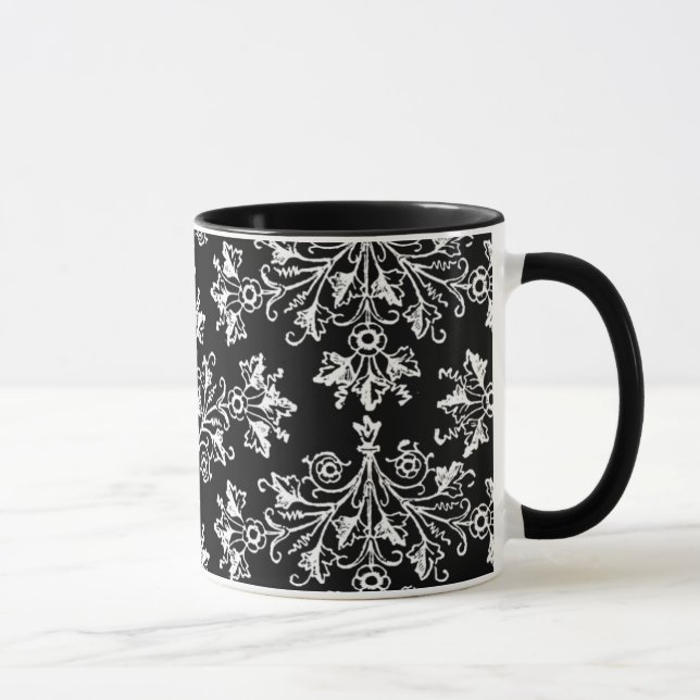 Vintage Daisy Damask Etching White på Black Mugg (Höger)