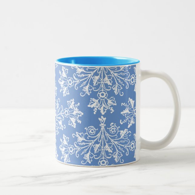 Vintage Daisy Damask Etching White på Blue Mugg (Höger)