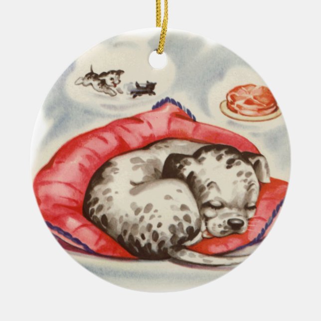 Vintage Dalmatien Puppy drömde Julgransprydnad Keramik (Framsidan)