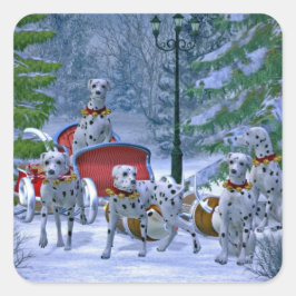 Vintage Dalmatien Sleigh Snö jul Fyrkantigt Klistermärke