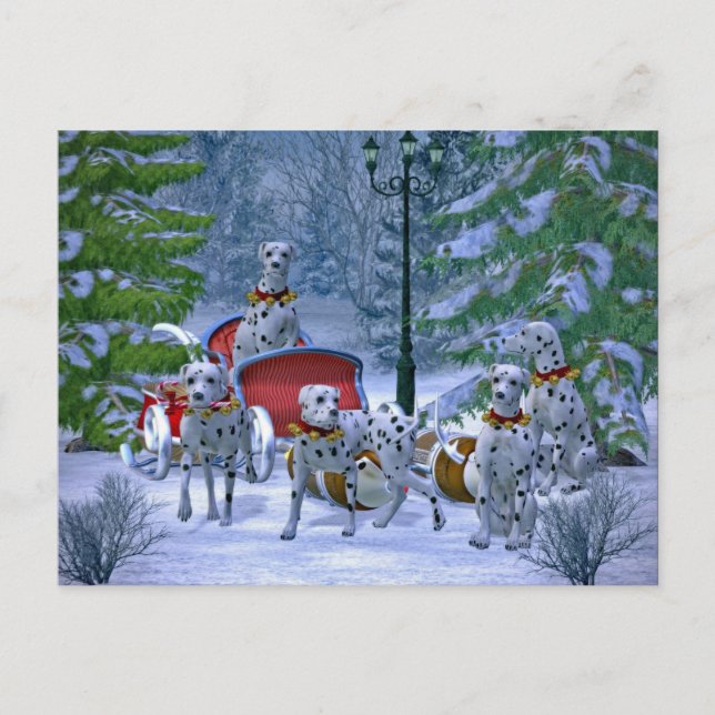 Vintage Dalmatien Sleigh Snö jul Vykort (Framsida)