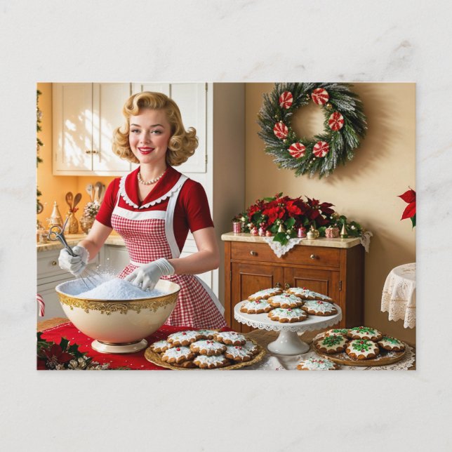 Vintage Dam Baking jul-cookies Helg Vykort (Framsida)