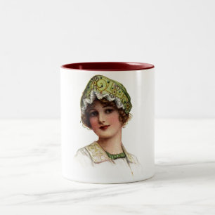 Vintage Dam Bead och Snöre Bonnet Två-Tonad Mugg