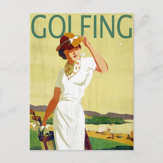 Vintage dam Golfer Golfing-vykort Vykort (Framsida)