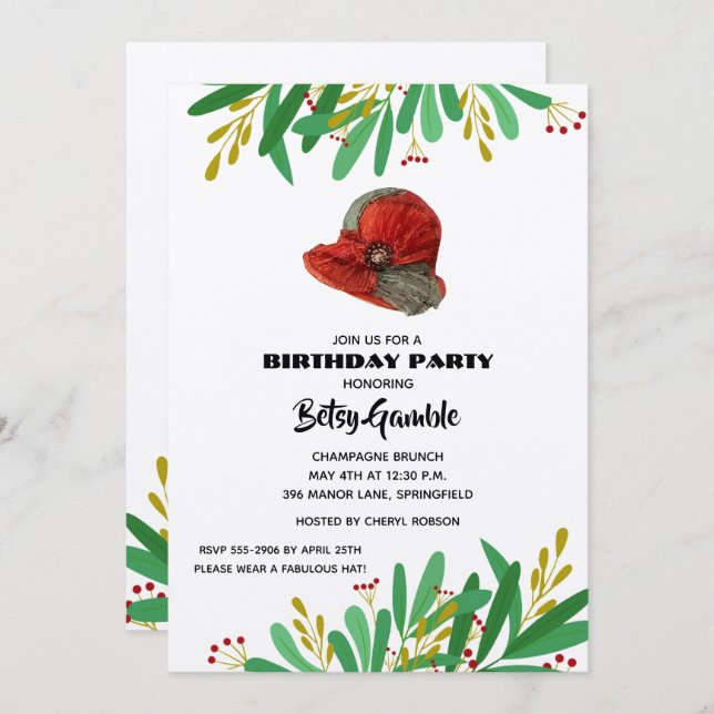 Vintage Dam Hat Födelsedagsfest Inbjudningar (Fram/baksida)