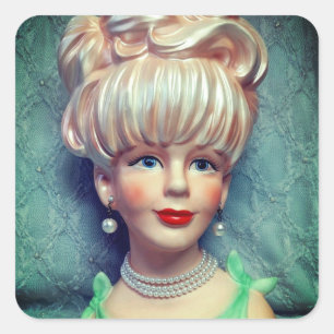 Vintage Dam Head Vas Big Bouffant Hair Pearls Fyrkantigt Klistermärke