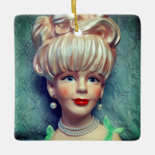Vintage Dam Head Vas Big Bouffant Hair Pearls Julgransprydnad Keramik